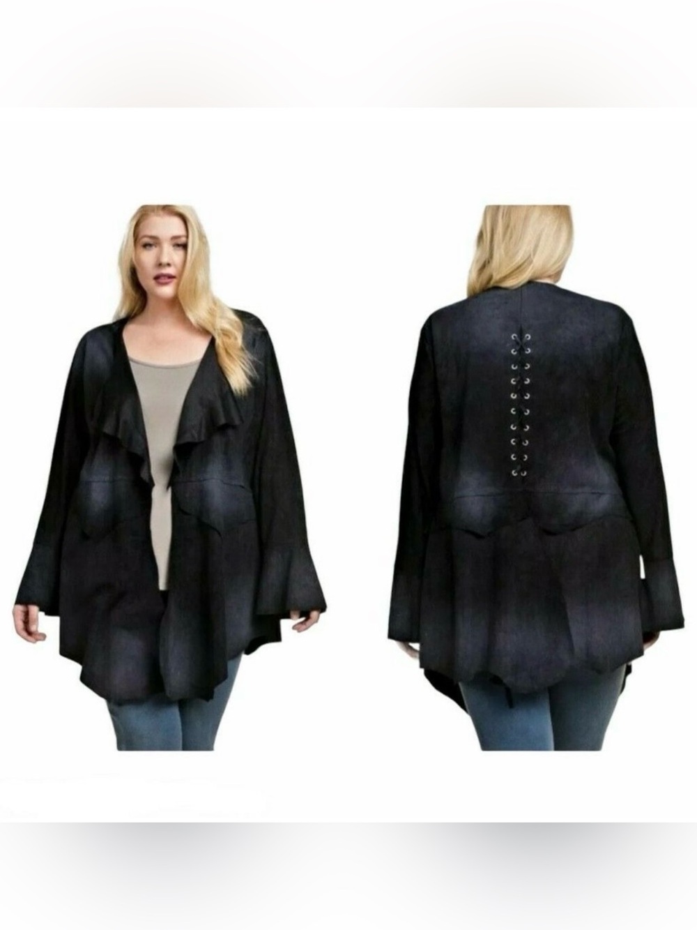 VOCAL Black Faux Suede Lace Up Cardigan Jacket